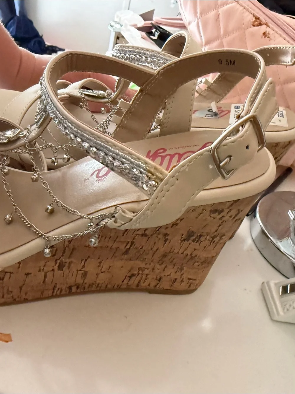 Jellypop Cream Beaded Cork Wedge Sandals
